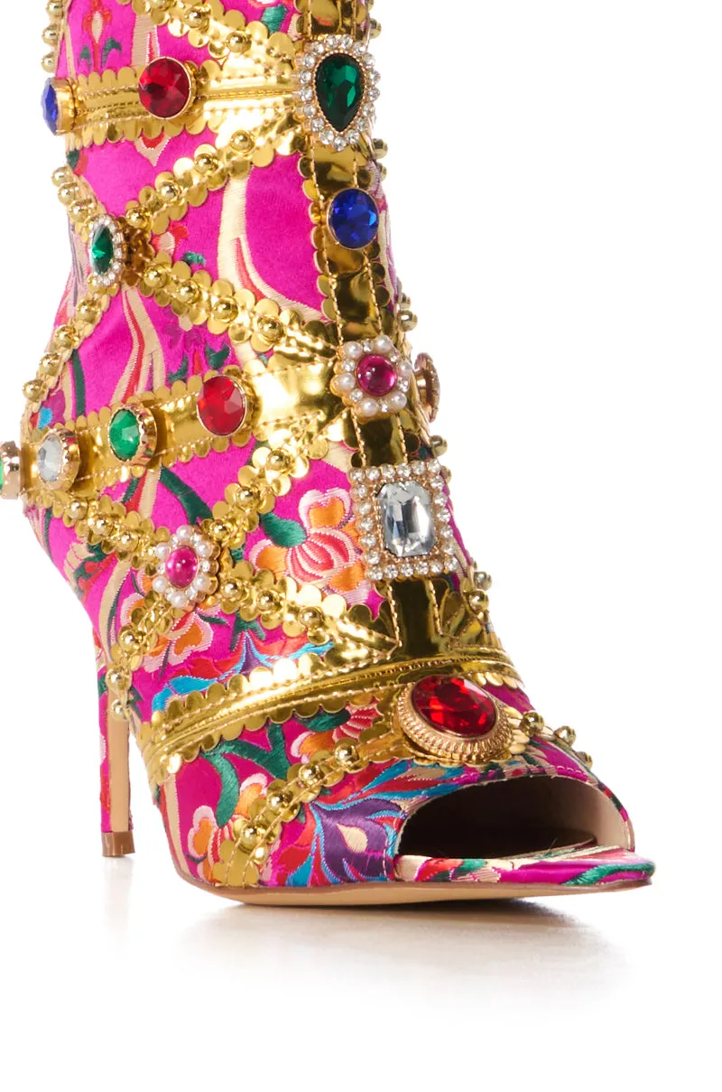 AZALEA WANG BRISTOW BROCADE EMBELLISHED OPEN TOE BOOTIE IN PINK