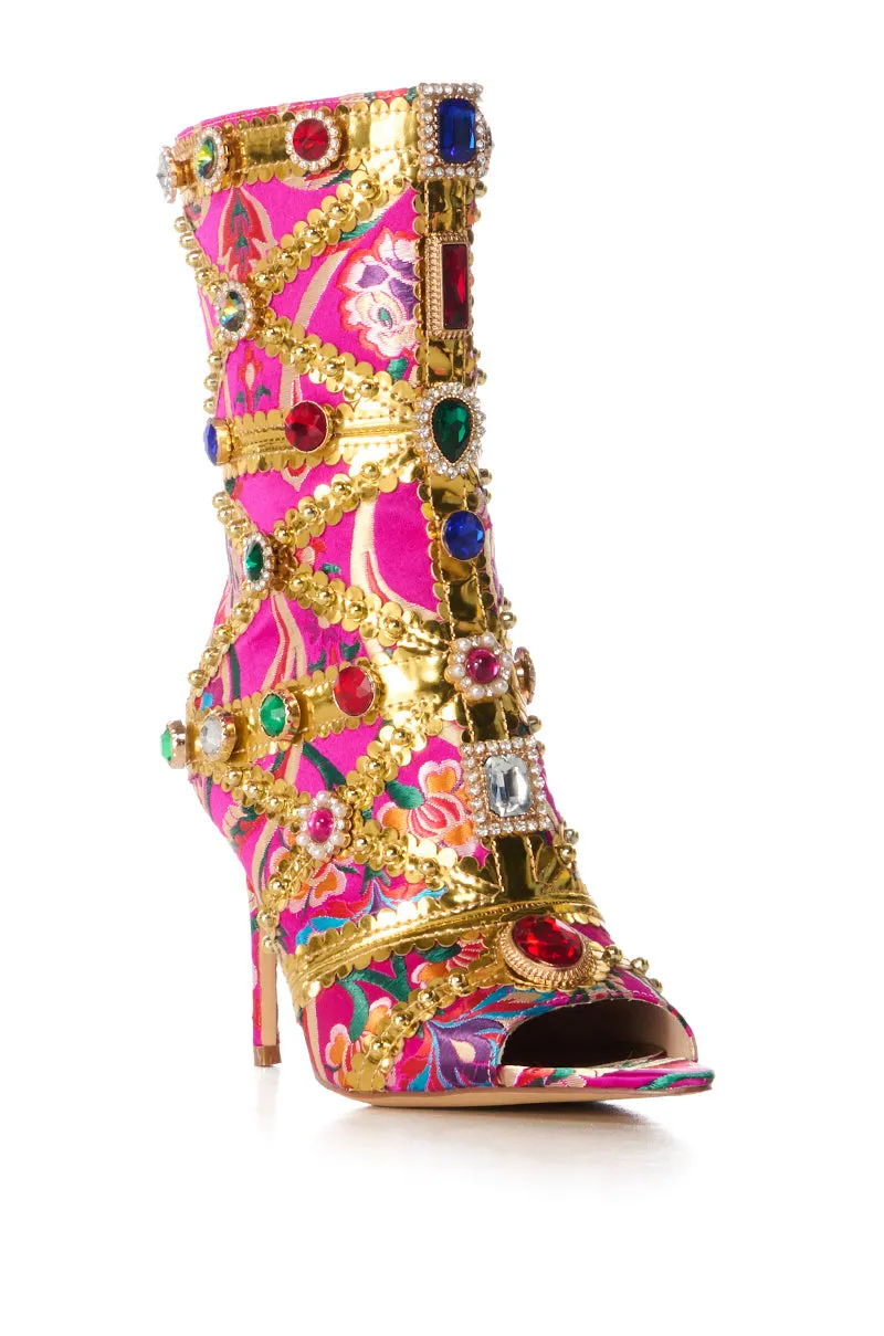 AZALEA WANG BRISTOW BROCADE EMBELLISHED OPEN TOE BOOTIE IN PINK