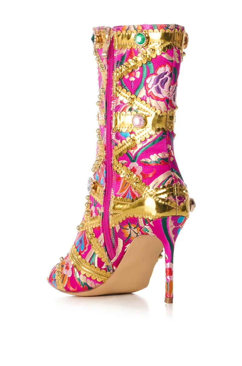 AZALEA WANG BRISTOW BROCADE EMBELLISHED OPEN TOE BOOTIE IN PINK