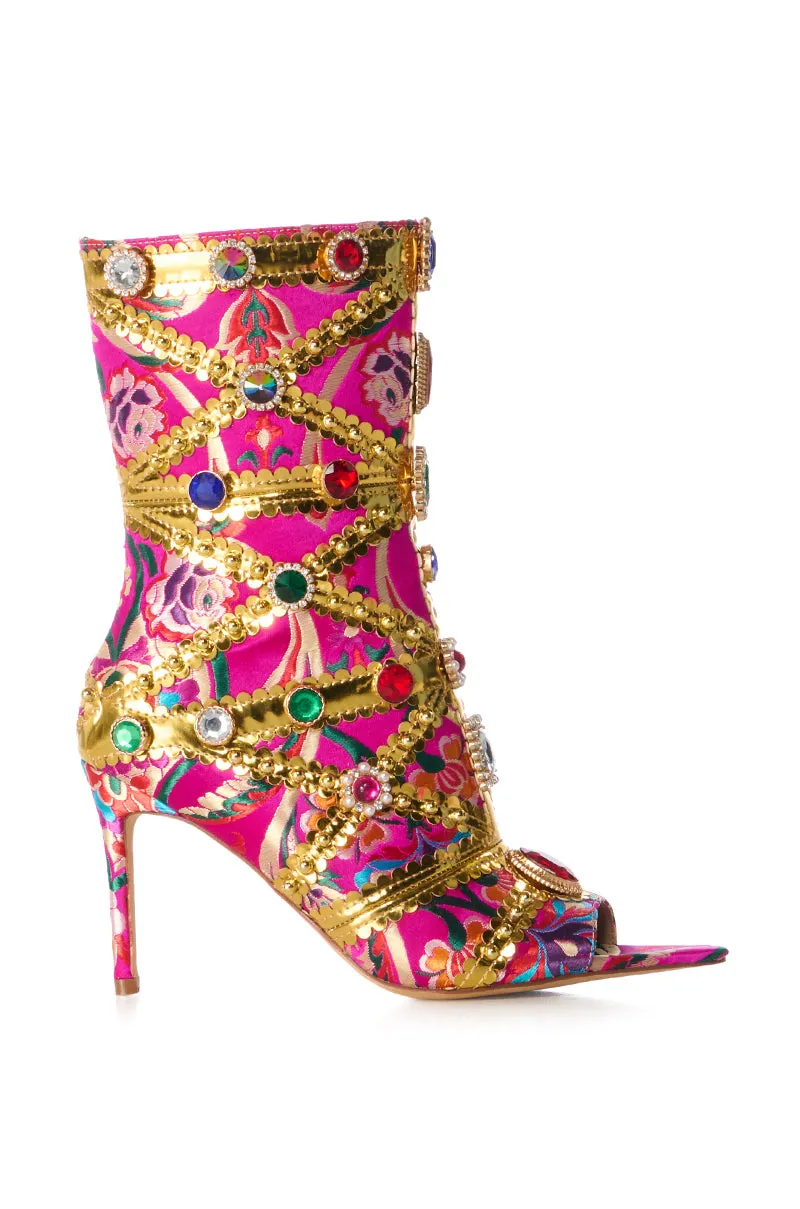 AZALEA WANG BRISTOW BROCADE EMBELLISHED OPEN TOE BOOTIE IN PINK