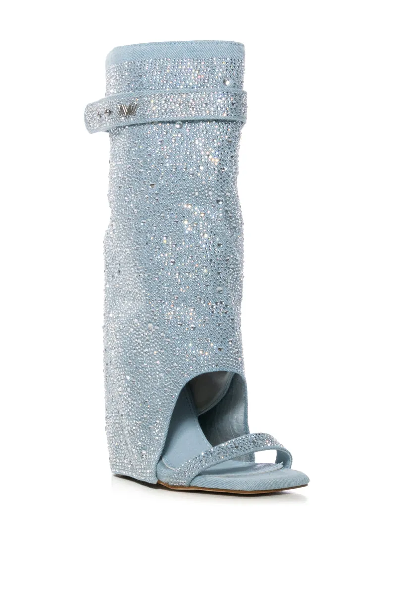 AZALEA WANG DESARAY RHINESTONE OPEN TOE SANDAL BOOTIE IN DENIM