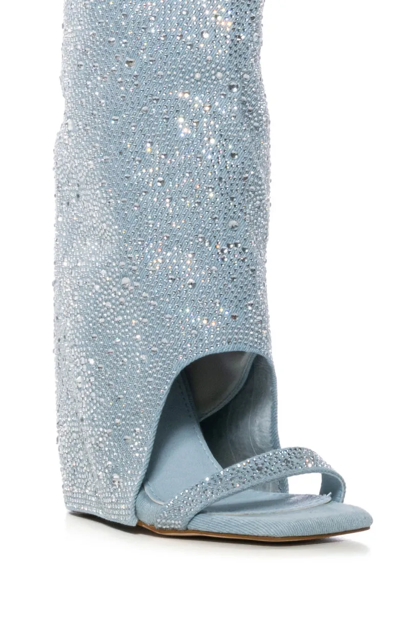 AZALEA WANG DESARAY RHINESTONE OPEN TOE SANDAL BOOTIE IN DENIM