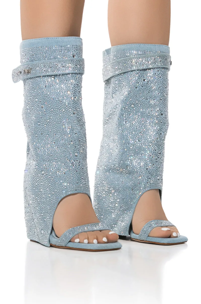 AZALEA WANG DESARAY RHINESTONE OPEN TOE SANDAL BOOTIE IN DENIM