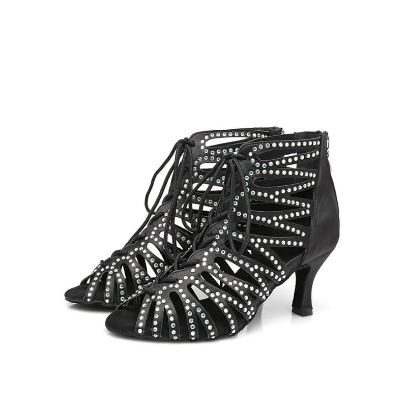 Black Crystal Lace Up Suede Sole Dance Bootie