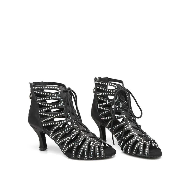 Black Crystal Lace Up Suede Sole Dance Bootie