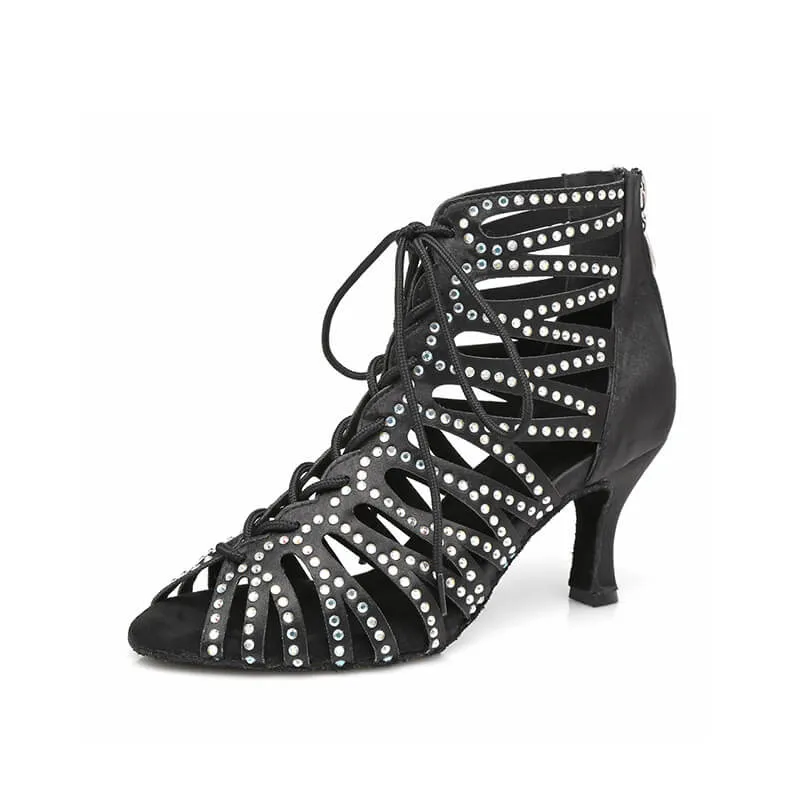 Black Crystal Lace Up Suede Sole Dance Bootie