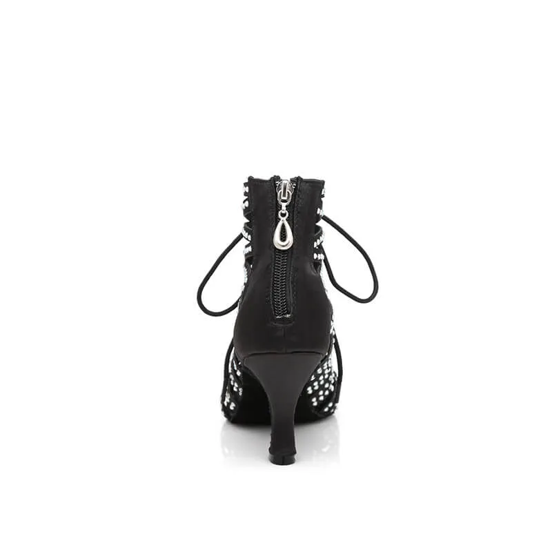 Black Crystal Lace Up Suede Sole Dance Bootie