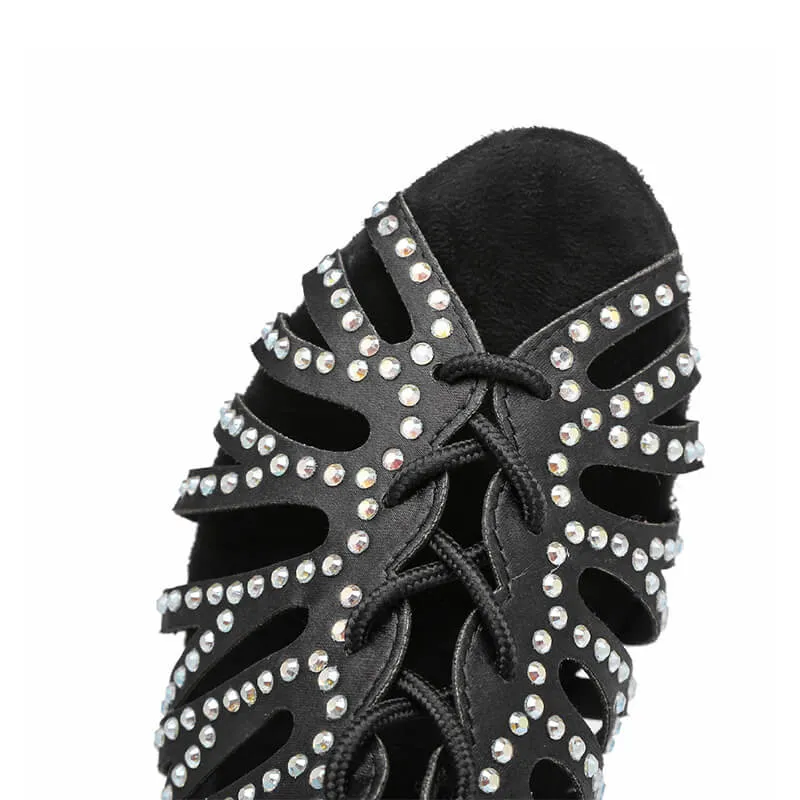 Black Crystal Lace Up Suede Sole Dance Bootie