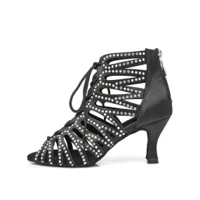 Black Crystal Lace Up Suede Sole Dance Bootie