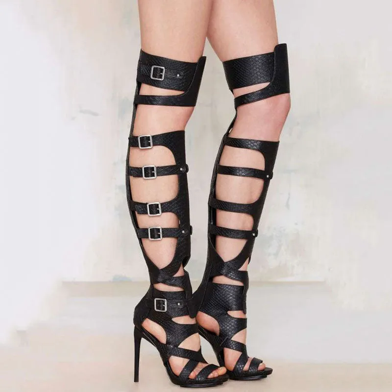 Black Open Toe Buckles Cutout Thigh High Boots