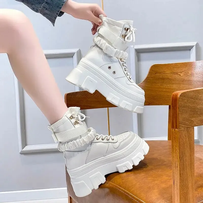 Buckle Lace-Up Chunky Wedge Ankle Boots