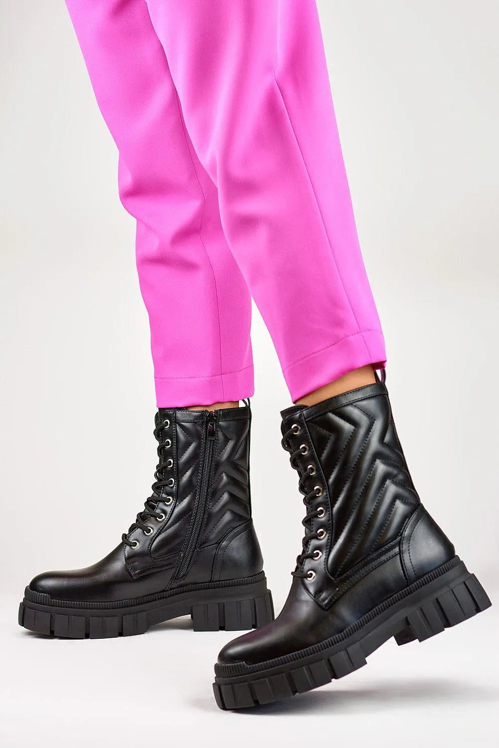 Chic Ebony Eco-Leather Lace-Up Ankle Booties