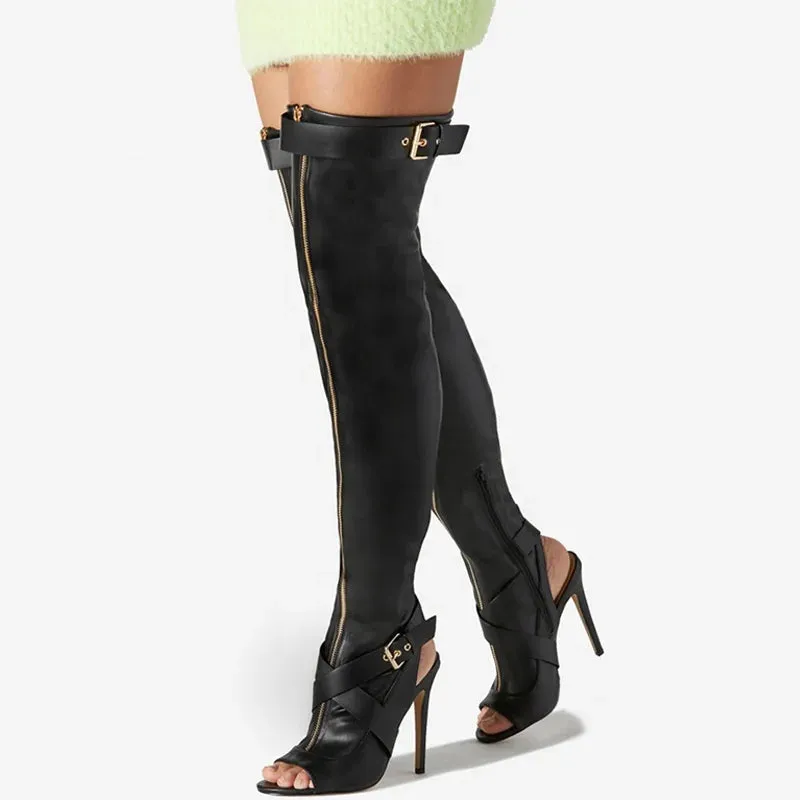 Chic Vanguard Open-Toe Thigh-High Boots