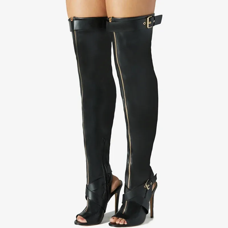 Chic Vanguard Open-Toe Thigh-High Boots