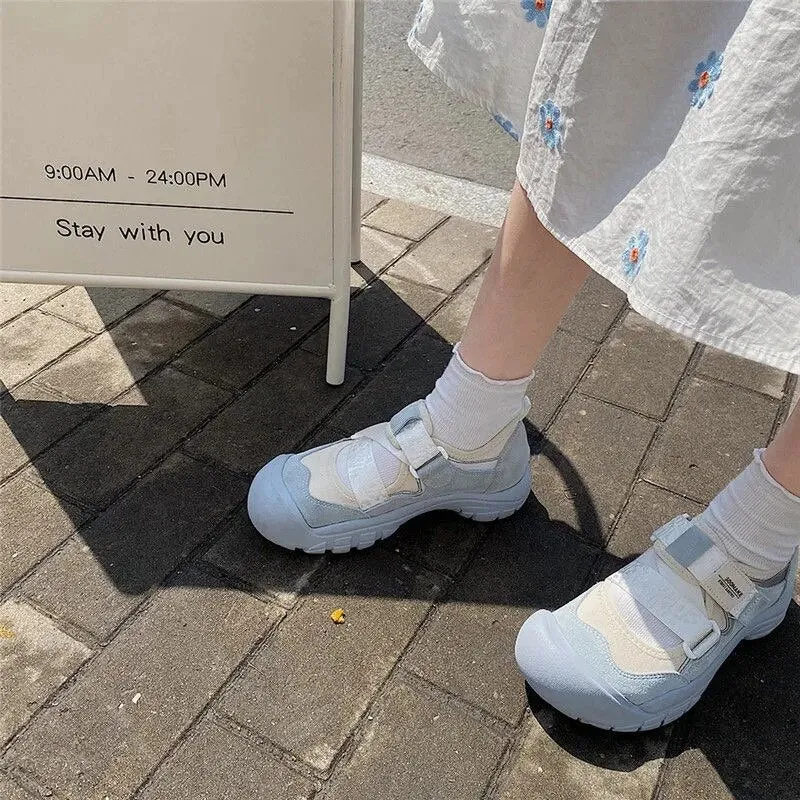 Chunky Platform Velcro Vulcanize Shoes Harajuku Casual Sports Running Sneakers Women's Fashion Breathable White Blue Dad Shoes