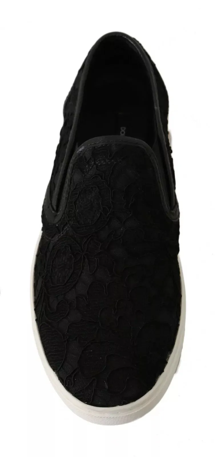 Dolce & Gabbana Black Lace Leather Logo Flat Slip-On Sneakers