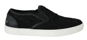 Dolce & Gabbana Black Lace Leather Logo Flat Slip-On Sneakers