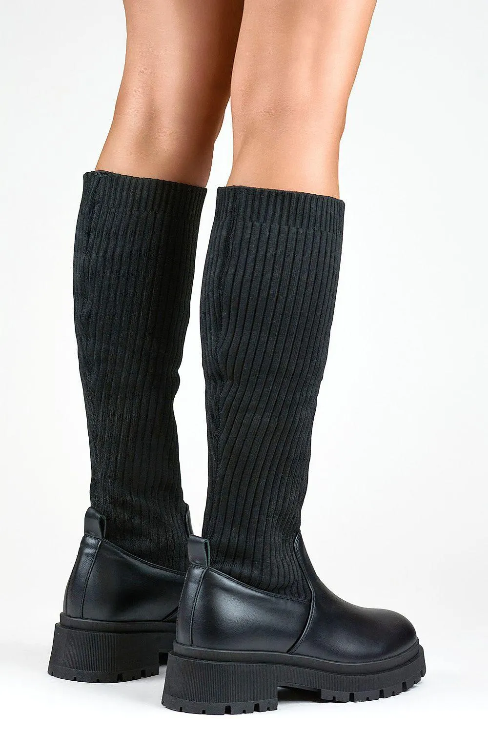 Eco Leather Knee-High Boots with Ribbed Fabric & Flat Heel