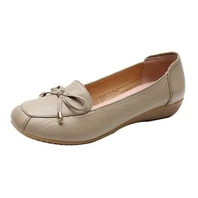 Flat Low Heel Bowknot Hollow Out Soft Leather Slip On Shoes