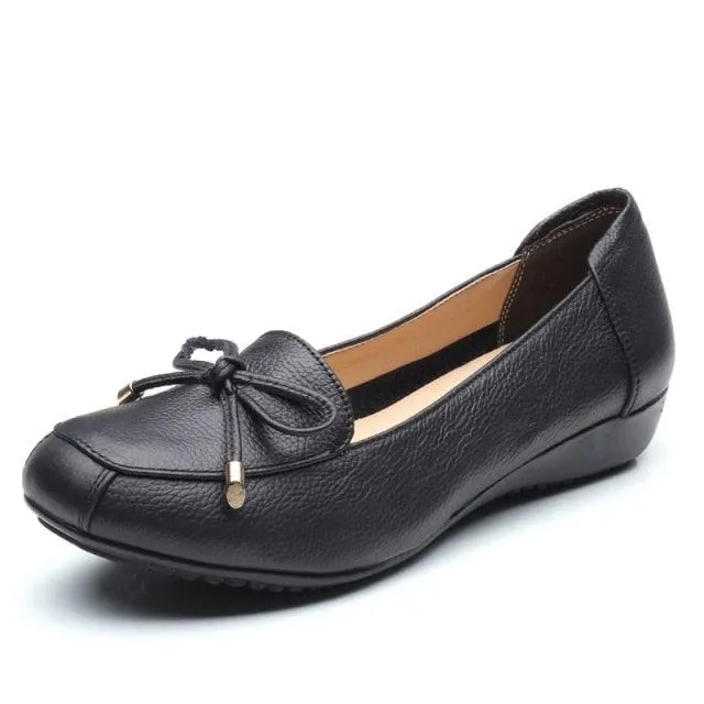 Flat Low Heel Bowknot Hollow Out Soft Leather Slip On Shoes