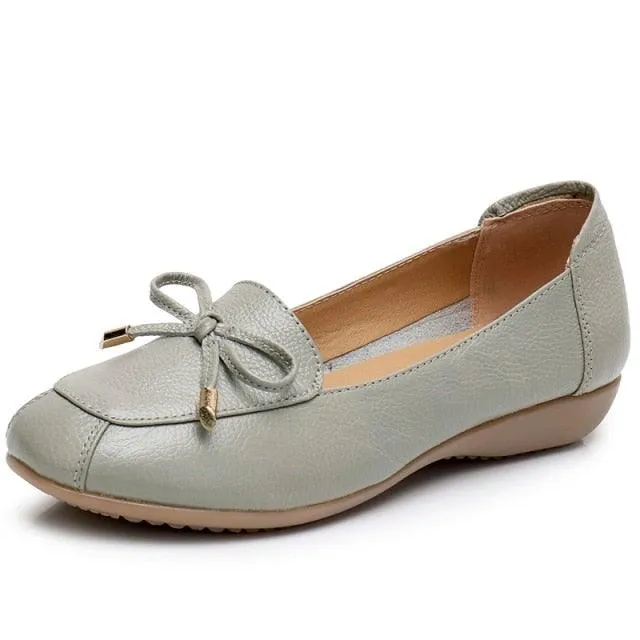 Flat Low Heel Bowknot Hollow Out Soft Leather Slip On Shoes