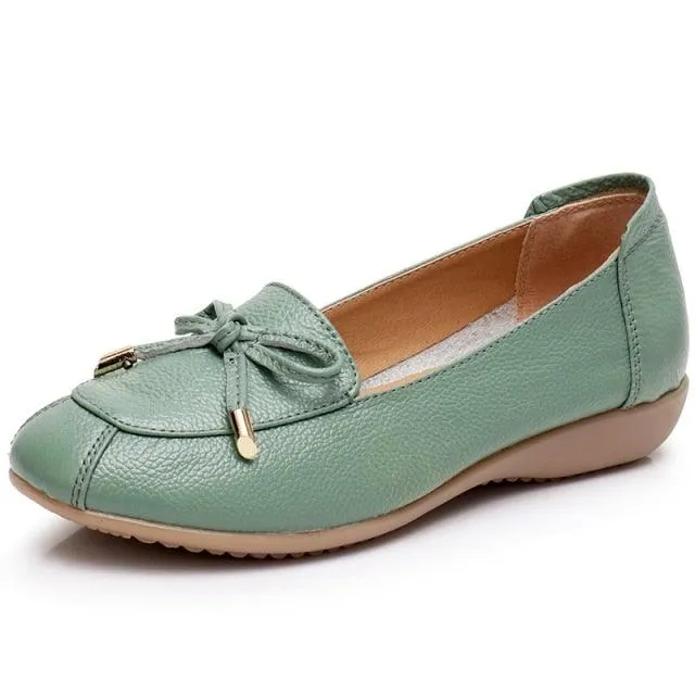 Flat Low Heel Bowknot Hollow Out Soft Leather Slip On Shoes