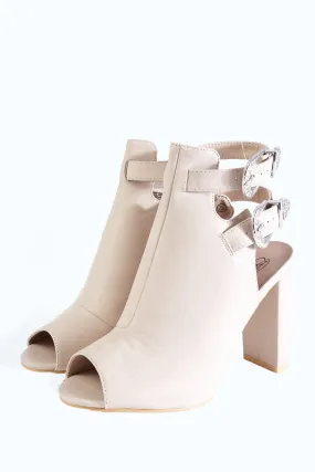 Nude Buckle Open Toe Heeled Boots