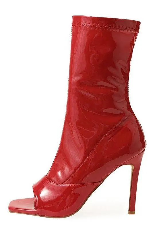 Open toe stiletto leather red  boots heels