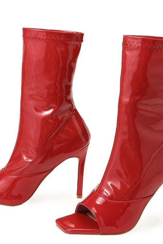 Open toe stiletto leather red  boots heels