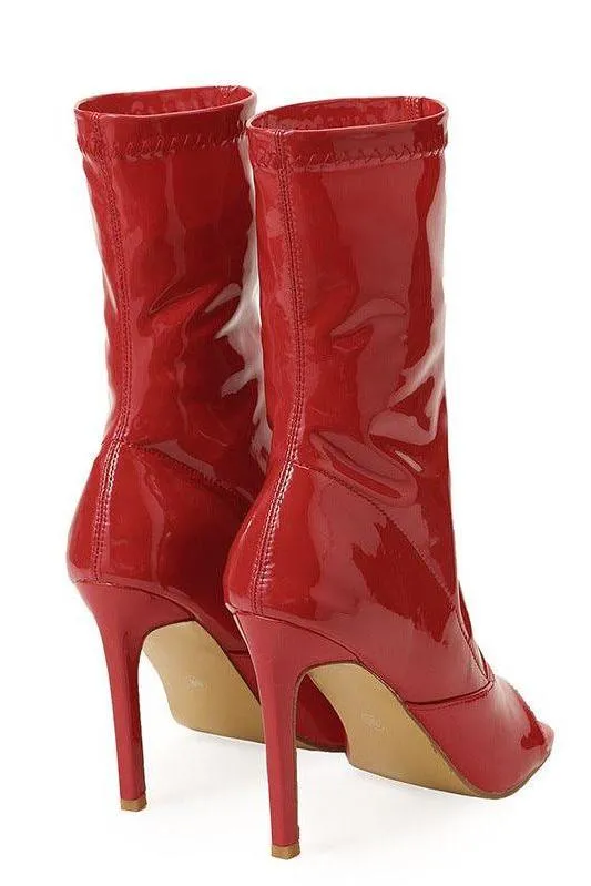 Open toe stiletto leather red  boots heels