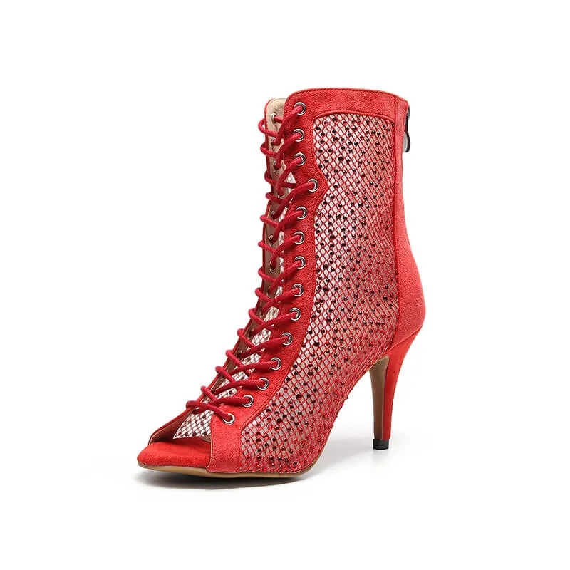 Red Open Toe Faux Suede Strapped Mesh Ankle Boots