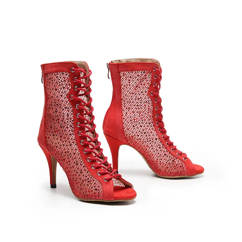 Red Open Toe Faux Suede Strapped Mesh Ankle Boots