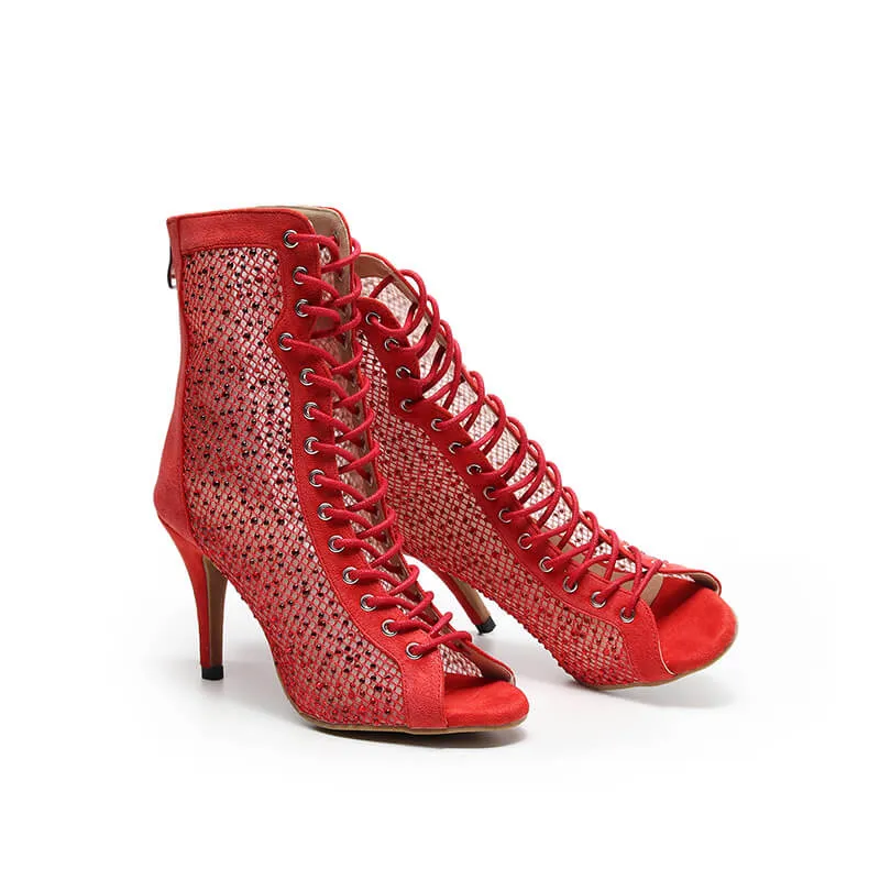 Red Open Toe Faux Suede Strapped Mesh Ankle Boots