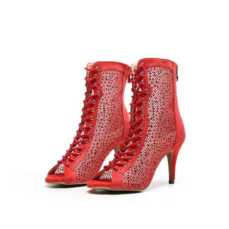 Red Open Toe Faux Suede Strapped Mesh Ankle Boots