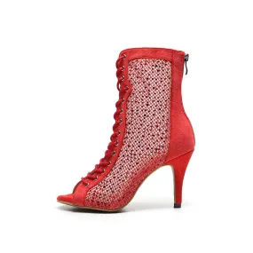 Red Open Toe Faux Suede Strapped Mesh Ankle Boots