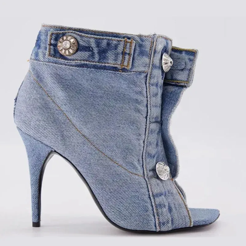 Trend4us Distressed Open-Toe Denim Heels