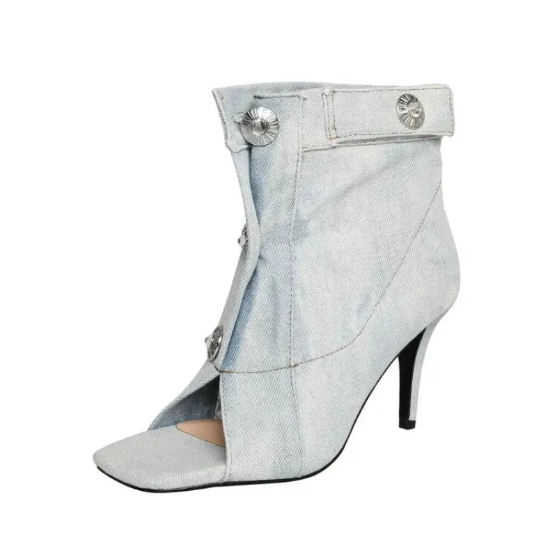 Trend4us Distressed Open-Toe Denim Heels