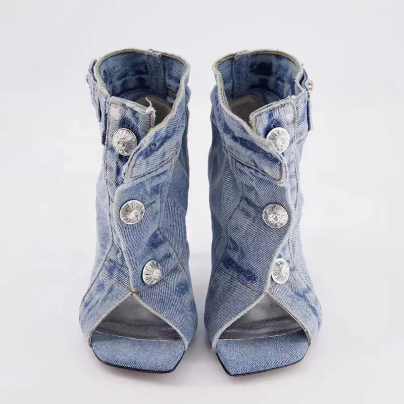 Trend4us Distressed Open-Toe Denim Heels