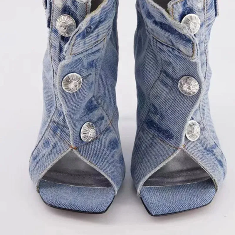 Trend4us Distressed Open-Toe Denim Heels