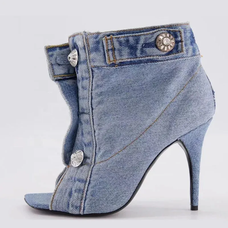 Trend4us Distressed Open-Toe Denim Heels