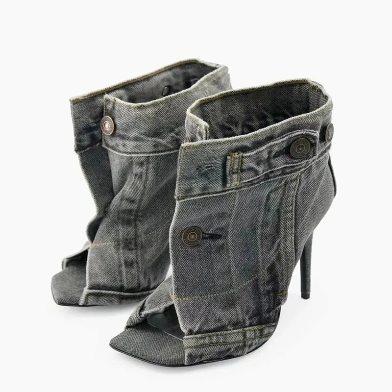 Trend4us Distressed Open-Toe Denim Heels