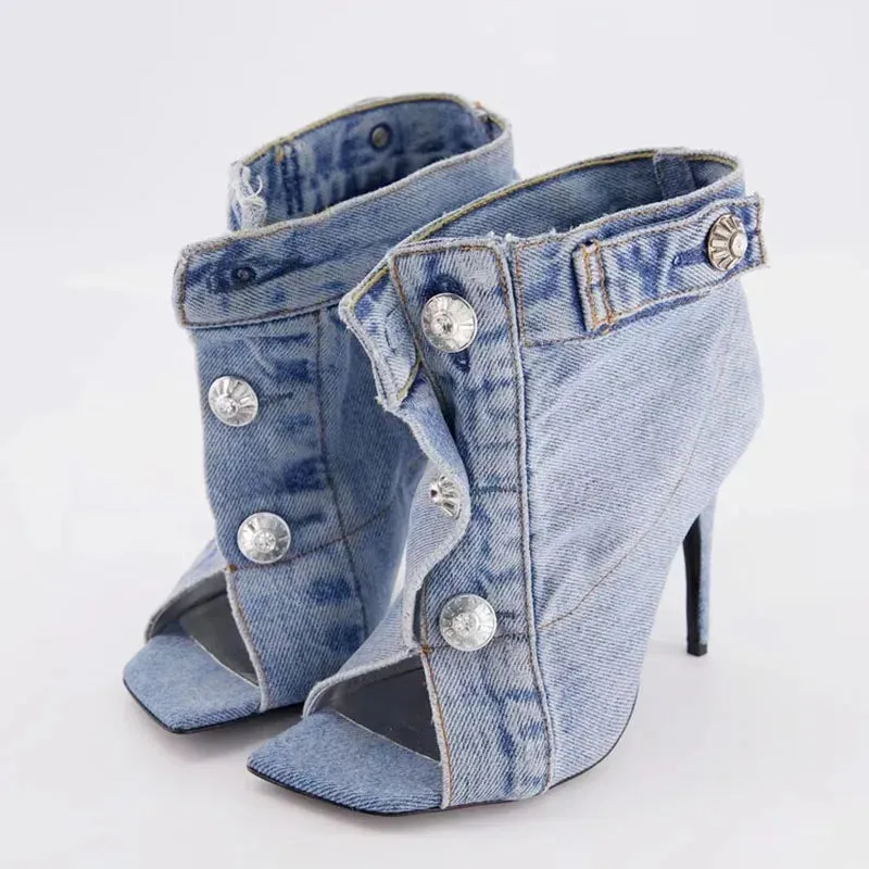 Trend4us Distressed Open-Toe Denim Heels