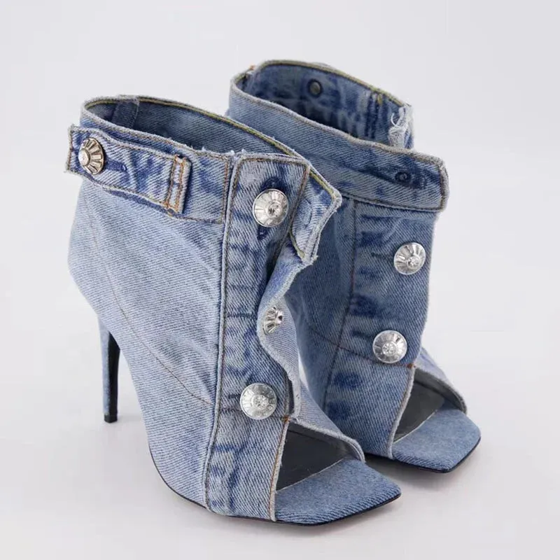 Trend4us Distressed Open-Toe Denim Heels