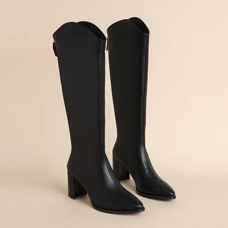 Women's Eco Leather Zippered Thick Heels Knee High Boots