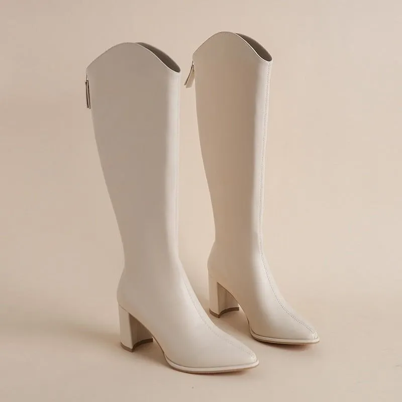 Women's Eco Leather Zippered Thick Heels Knee High Boots