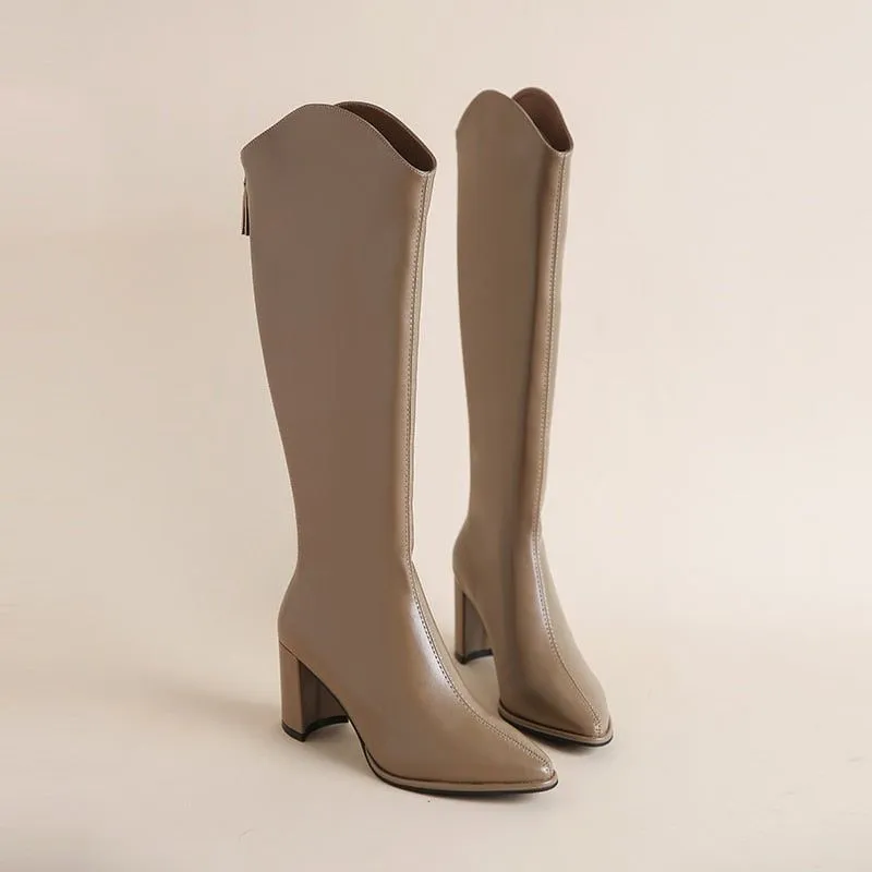 Women's Eco Leather Zippered Thick Heels Knee High Boots