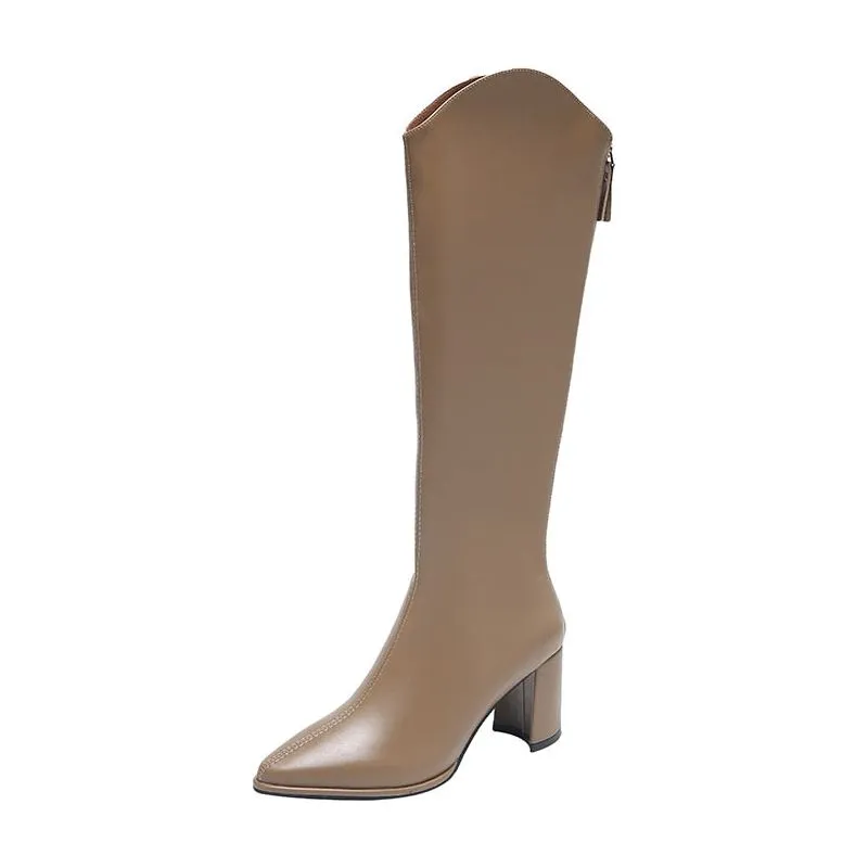 Women's Eco Leather Zippered Thick Heels Knee High Boots