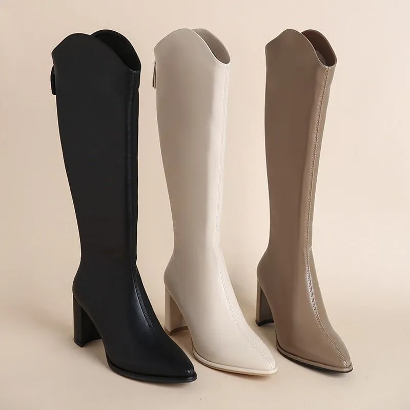 Women's Eco Leather Zippered Thick Heels Knee High Boots