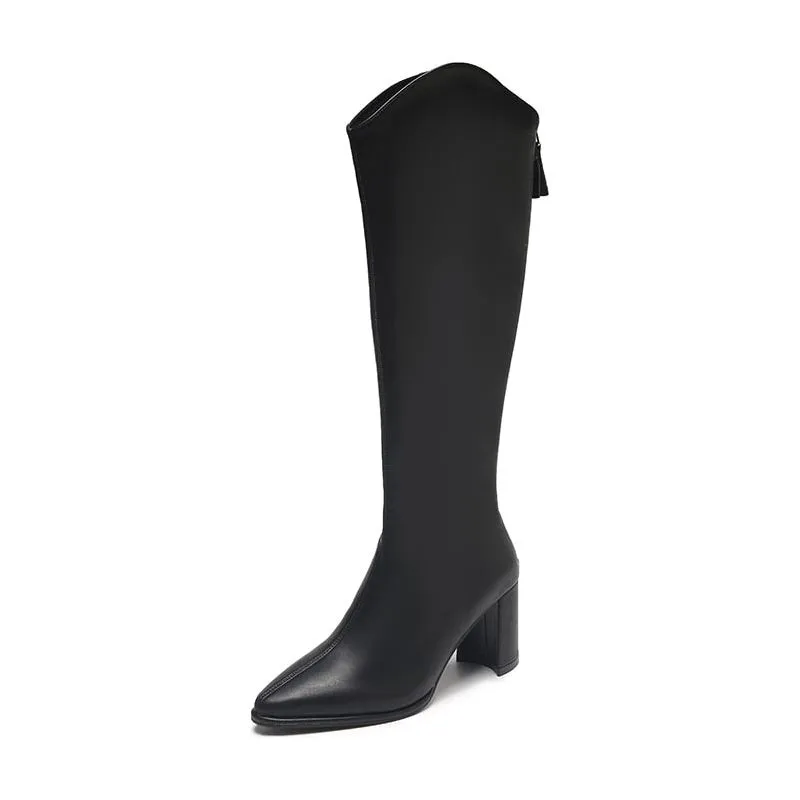 Women's Eco Leather Zippered Thick Heels Knee High Boots