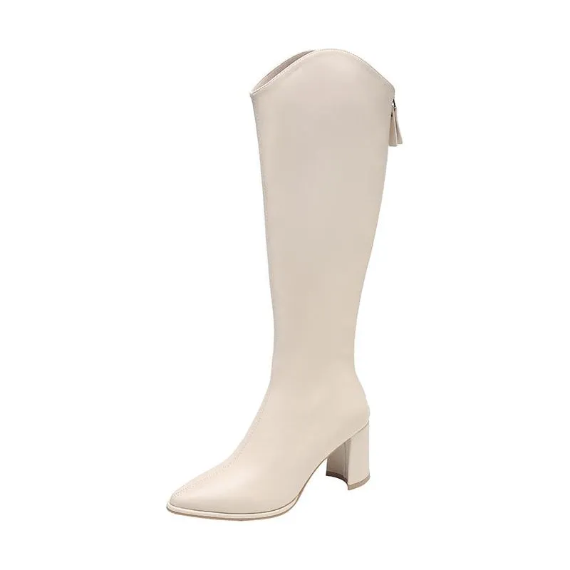 Women's Eco Leather Zippered Thick Heels Knee High Boots